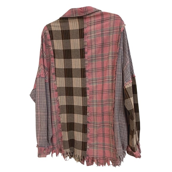 Bad Little Country Girl Tina Patchwork Plaid Boho Western Pink Brown XL Frayed - Picture 4 of 7